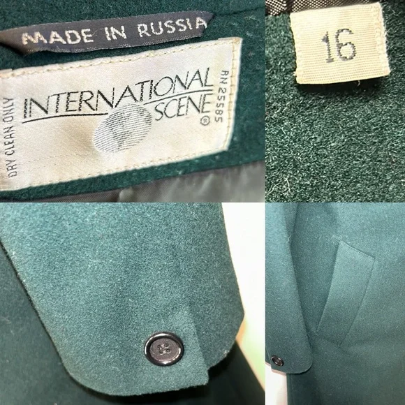 Vintage Wool Coat Long Green Notched Lapel International Scenelined size 16